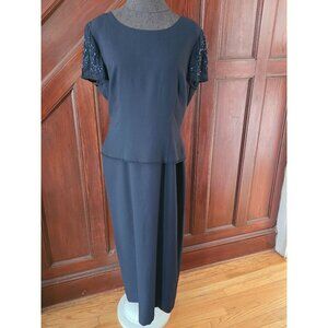 Vintage Talbots Beaded Sleeve Short Sleeve Dark Blue Dress With Button Back 14
